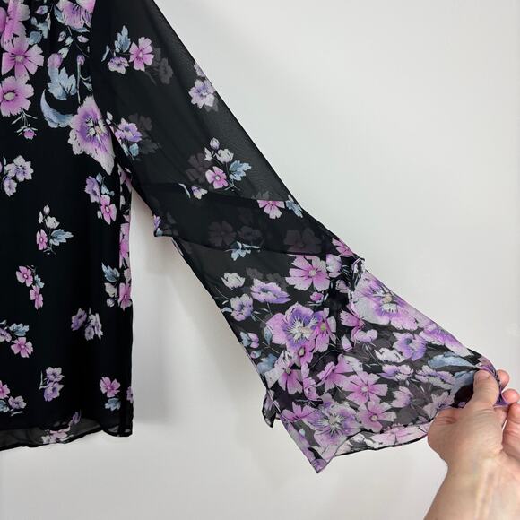 Nanette Lepore Zen Floral Silk Blouse Black Pink Sheer Large Fairy Feminine - Picture 10 of 15